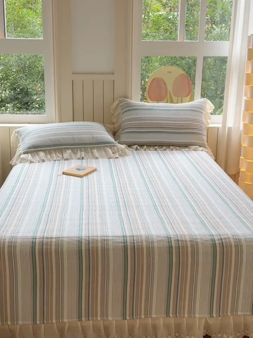 91家纺网 家纺一手货源 找家纺 久典家居 2024新款A类法式全棉色织水洗棉单床盖 沐妍绿