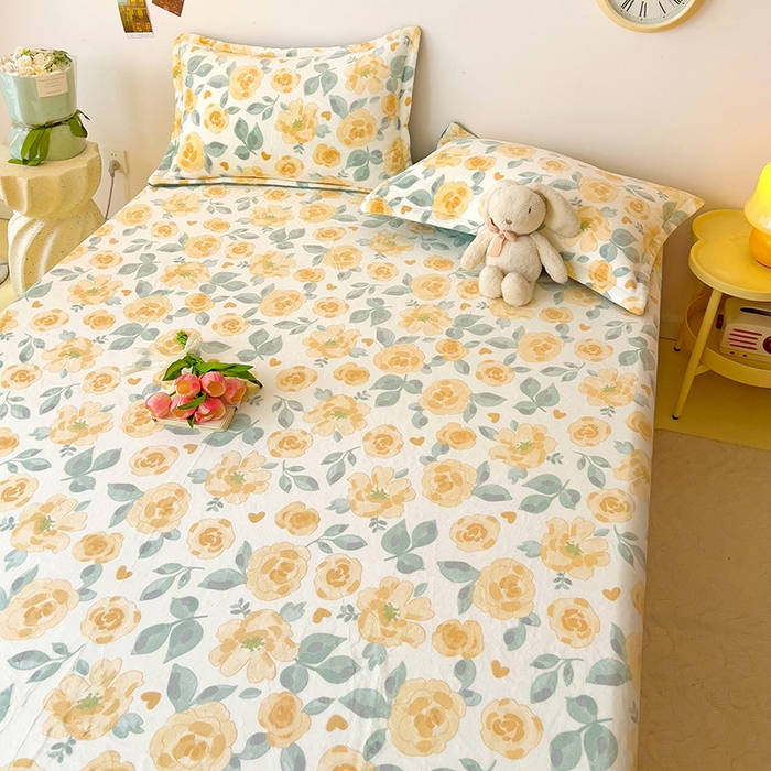 91家纺网 家纺一手货源 找家纺 大柏树 2025新款A类高克重亲肤舒适牛奶绒印花四件套-单床单可定制 朵柔-黄