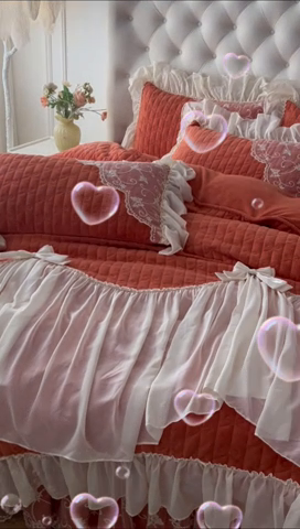 91家纺网 家纺一手货源 找家纺 罗艺轩 2024新款高克重牛奶雪纺边床裙四件套-羽蝶 爱玛橙