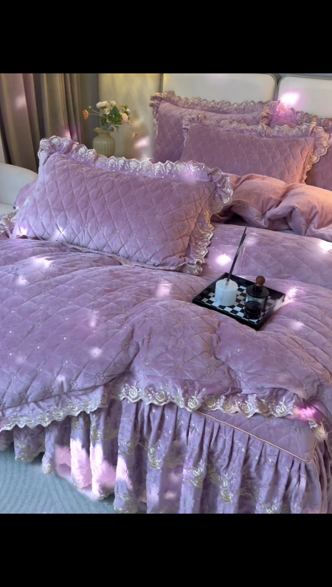 91家纺网 家纺一手货源 找家纺 罗艺轩 2024新款加厚宝宝绒夹棉床裙四件套-梦幻星辰 丁香紫