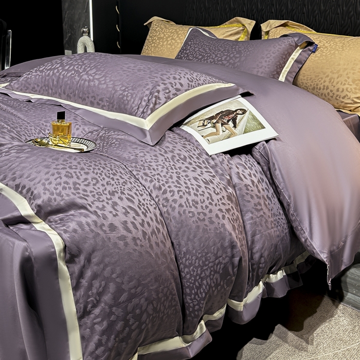 91家纺网 家纺一手货源 找家纺 雲归梦 2024新款轻奢双拼角全棉提花四件套 豹纹-魅力紫