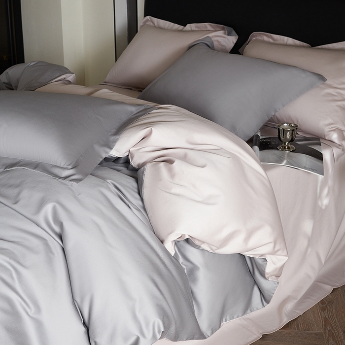 91家纺网 家纺一手货源 找家纺 秀色家纺 2025新款50支贡缎A类轻奢纯色长绒棉四件套全棉纯棉被套高级感床单三件套-雅克 雅克-典雅灰+粉末白