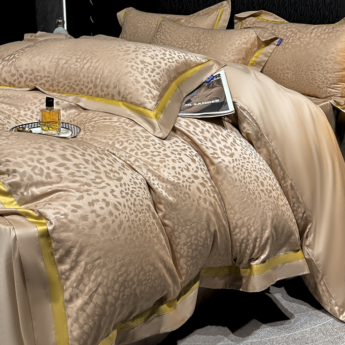 91家纺网 家纺一手货源 找家纺 雲归梦 2024新款轻奢双拼角全棉提花四件套 豹纹-香槟金