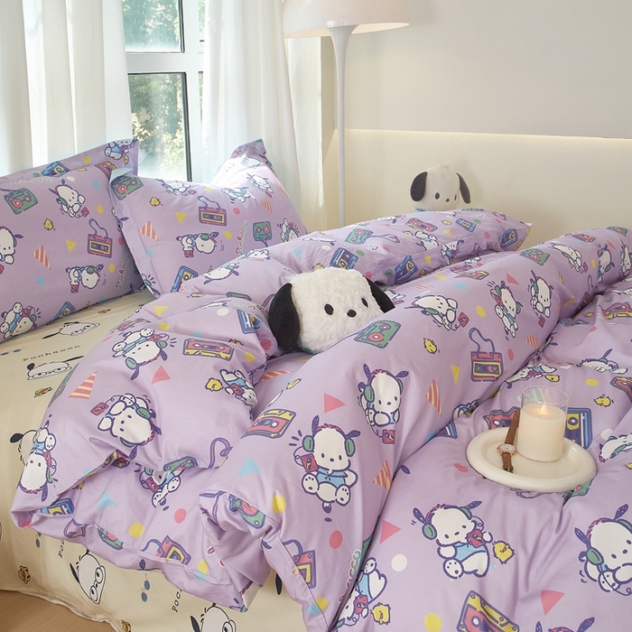 91家纺网 家纺一手货源 找家纺 蘭菲家纺 2024新款全棉小版卡通三丽鸥四件套 演唱会.紫