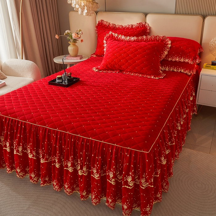 91家纺网 家纺一手货源 找家纺 罗艺轩 2024新款加厚宝宝绒夹棉床裙四件套-梦幻星辰 喜庆红