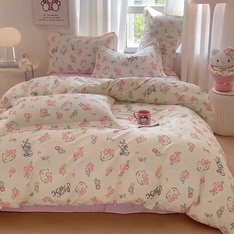 91家纺网 家纺一手货源 找家纺 蘭菲家纺 2024新款全棉小版卡通三丽鸥四件套 蜜蜜花园
