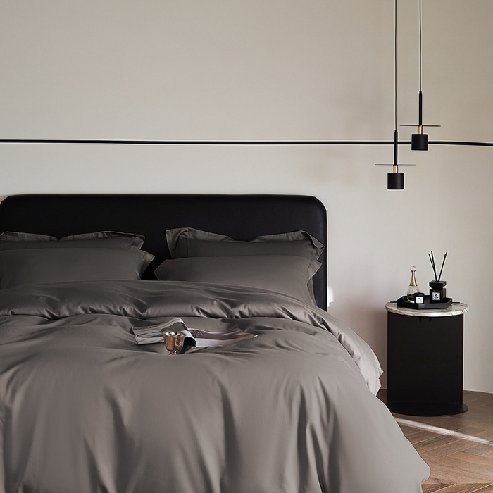 91家纺网 家纺一手货源 找家纺 秀色家纺 2025新款50支贡缎A类轻奢纯色长绒棉四件套全棉纯棉被套高级感床单三件套-雅克 雅克-帝王灰