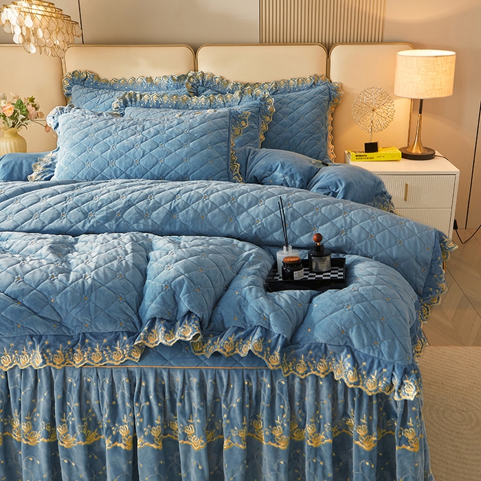 91家纺网 家纺一手货源 找家纺 罗艺轩 2024新款加厚宝宝绒夹棉床裙四件套-梦幻星辰 绅士蓝