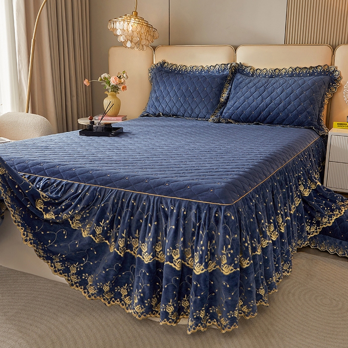 91家纺网 家纺一手货源 找家纺 罗艺轩 2024新款加厚宝宝绒夹棉床裙四件套-梦幻星辰 宝石蓝