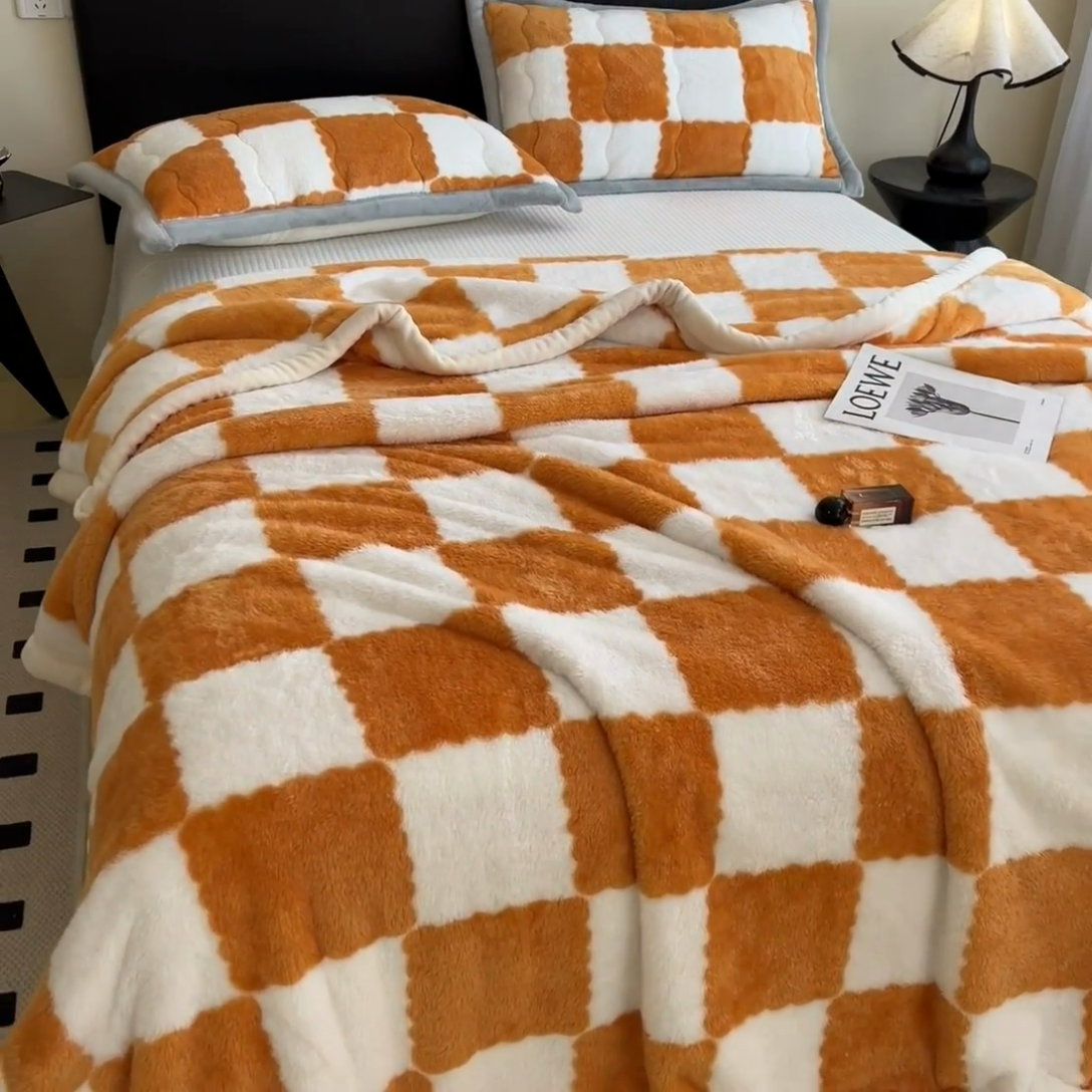 91家纺网 家纺一手货源 找家纺 慕木家纺 2025秋冬新款A类北极绒棋盘格双面毛毯 棋盘格双面绒毯-橘黄