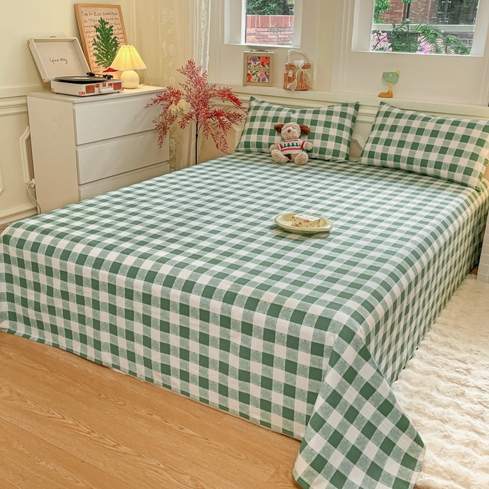 91家纺网 家纺一手货源 找家纺 义博家纺 2025新款全棉老粗布床单 绿大格