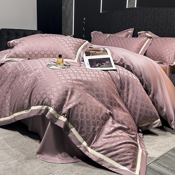 91家纺网 家纺一手货源 找家纺 雲归梦 2024新款轻奢双拼角全棉提花四件套 淤不染-豆沙