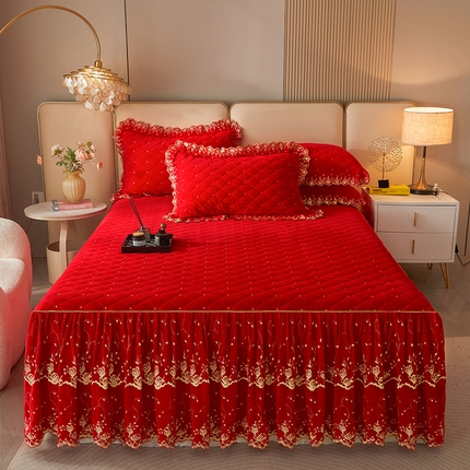 罗艺轩 2024新款加厚宝宝绒夹棉床裙三件套-梦幻星辰 喜庆红