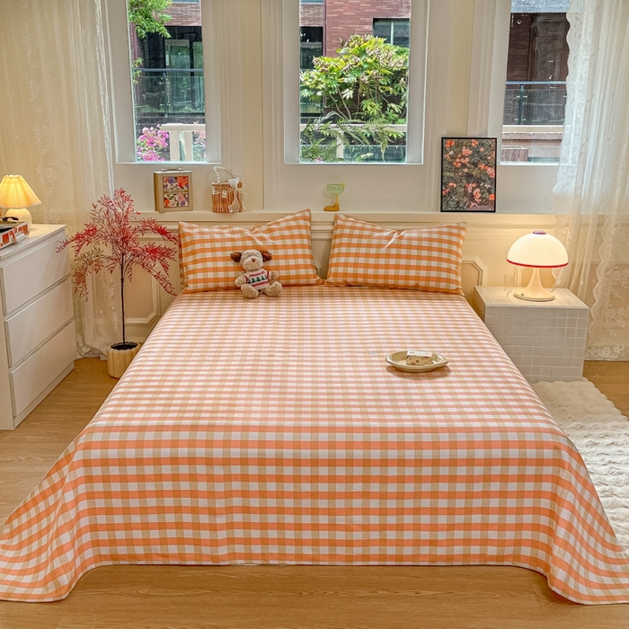 91家纺网 家纺一手货源 找家纺 义博家纺 2025新款全棉老粗布床单 粉咖大格