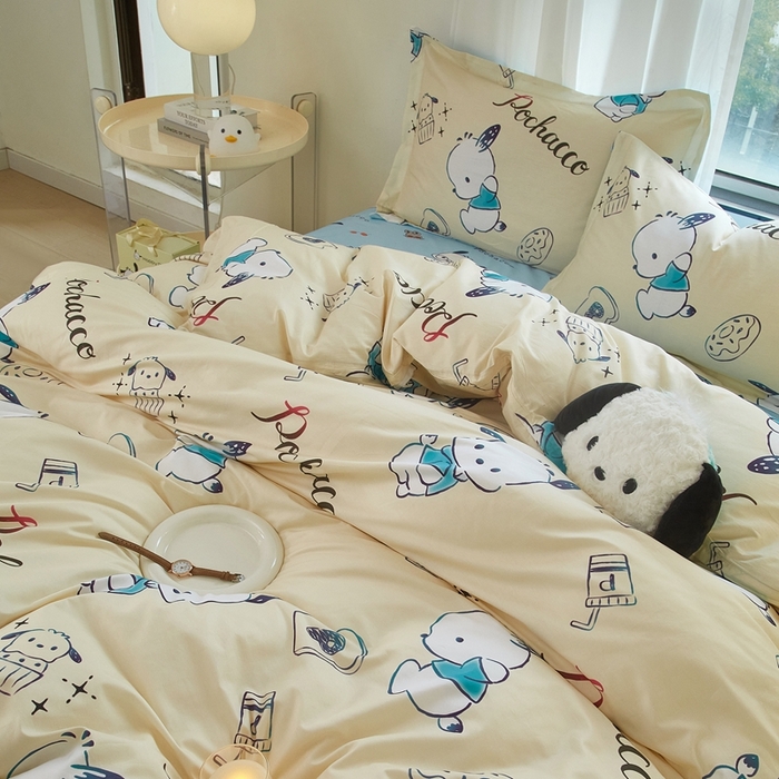 91家纺网 家纺一手货源 找家纺 蘭菲家纺 2024新款全棉小版卡通三丽鸥四件套 俏皮狗