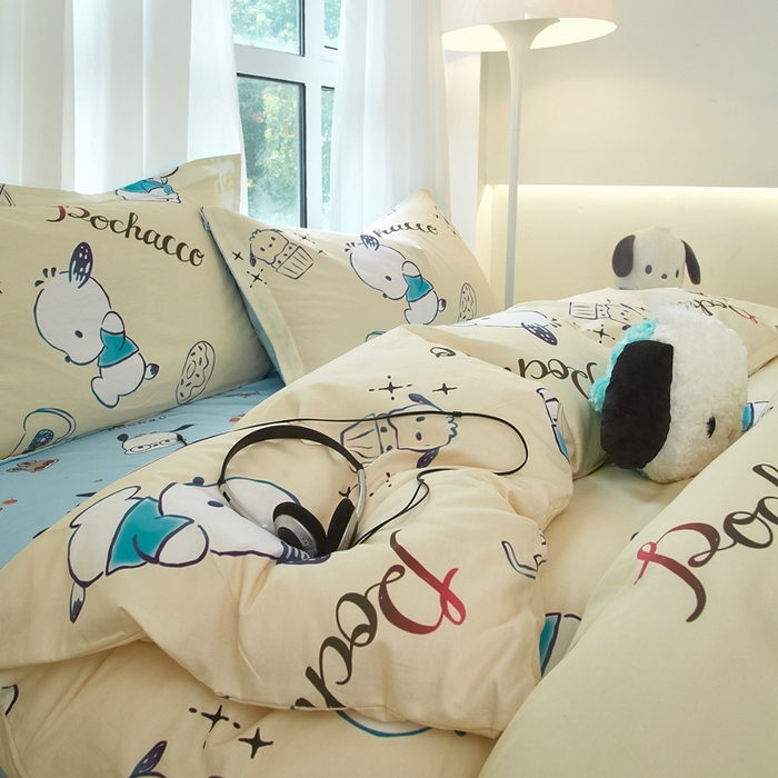 91家纺网 家纺一手货源 找家纺 蘭菲家纺 2024新款全棉小版卡通三丽鸥四件套 俏皮狗