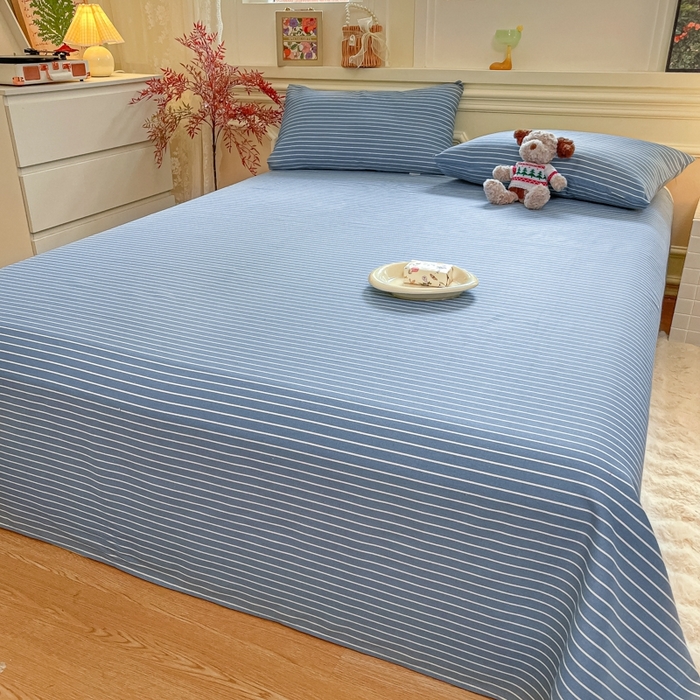 91家纺网 家纺一手货源 找家纺 义博家纺 2025新款全棉老粗布床单 蓝条纹