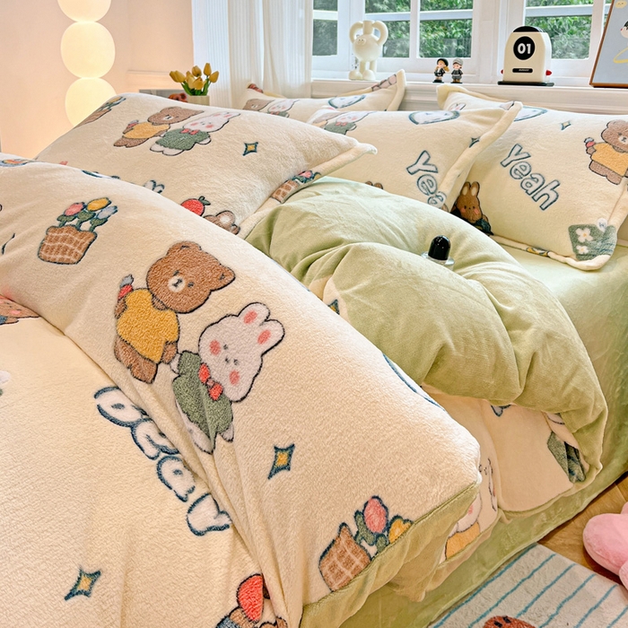 91家纺网 家纺一手货源 找家纺 韩巢家纺 2024新款加厚雪花绒牛奶绒珊瑚绒四件套-新品（提供卖家秀） 快乐心情