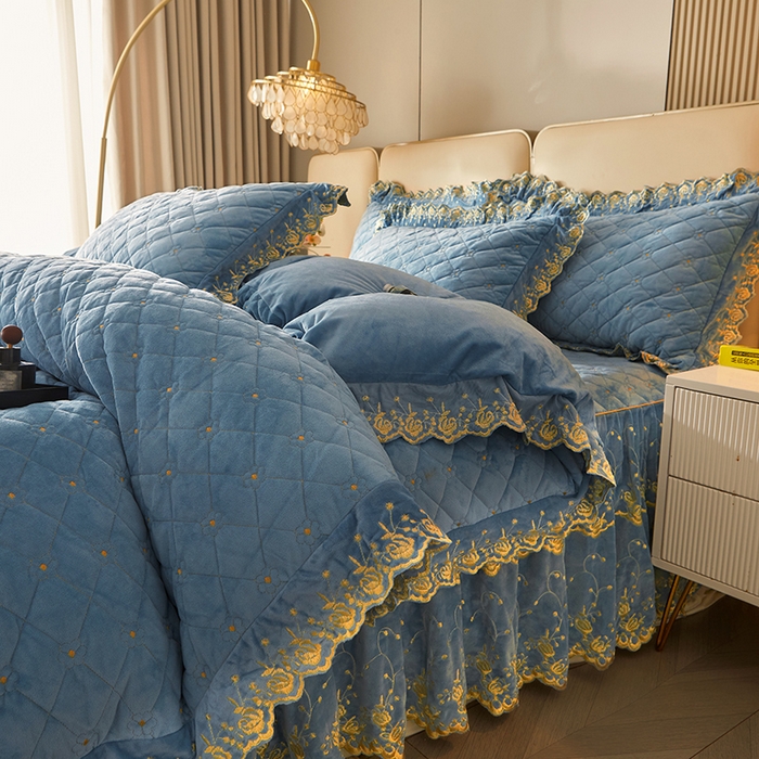 91家纺网 家纺一手货源 找家纺 罗艺轩 2024新款加厚宝宝绒夹棉床裙四件套-梦幻星辰 绅士蓝