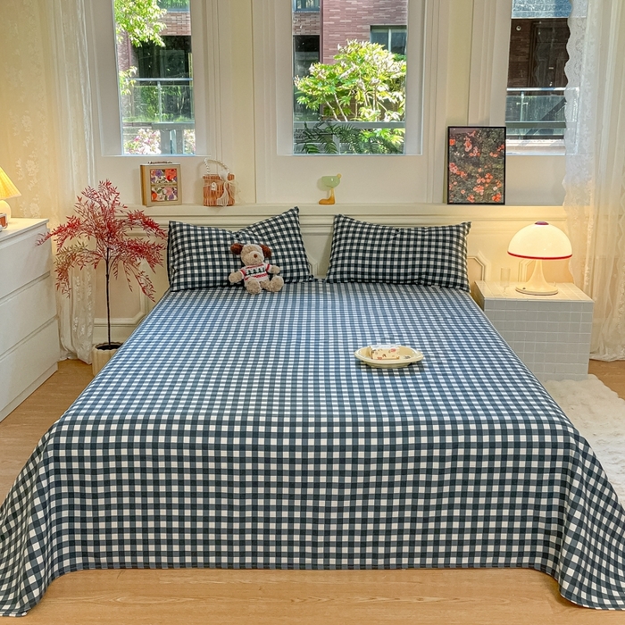 91家纺网 家纺一手货源 找家纺 义博家纺 2025新款全棉老粗布床单 天蓝格