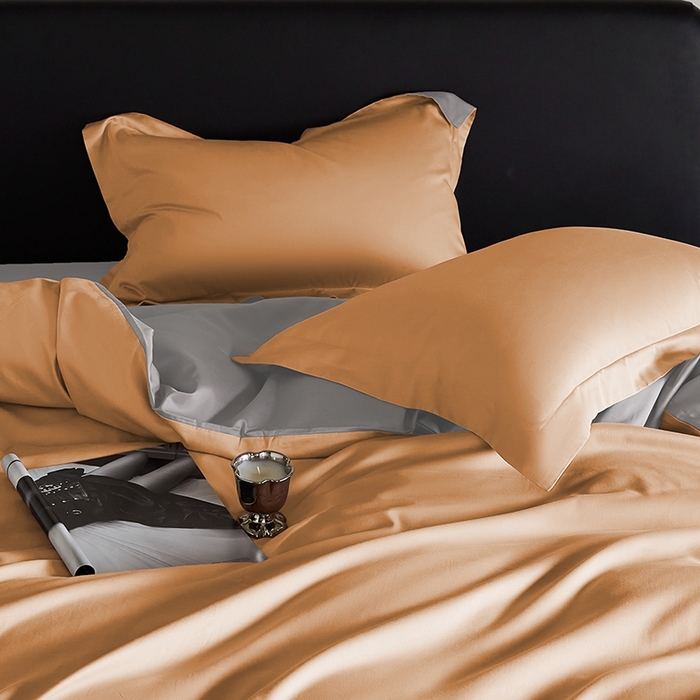 91家纺网 家纺一手货源 找家纺 秀色家纺 2025新款50支贡缎A类轻奢纯色长绒棉四件套全棉纯棉被套高级感床单三件套-雅克 雅克-南瓜橘+典雅灰