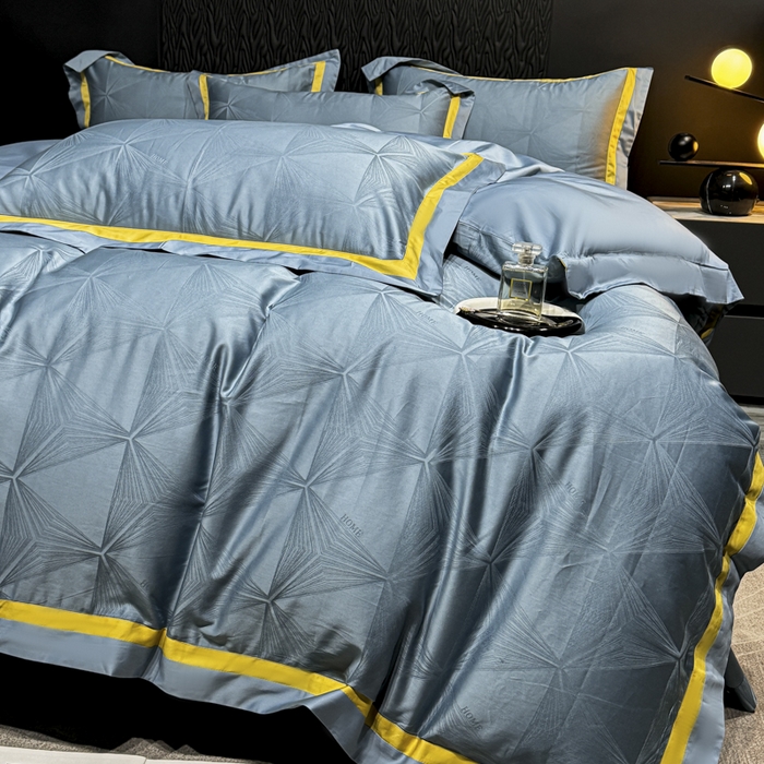 91家纺网 家纺一手货源 找家纺 雲归梦 2024新款轻奢双拼角全棉提花四件套 格拉斯-月光兰