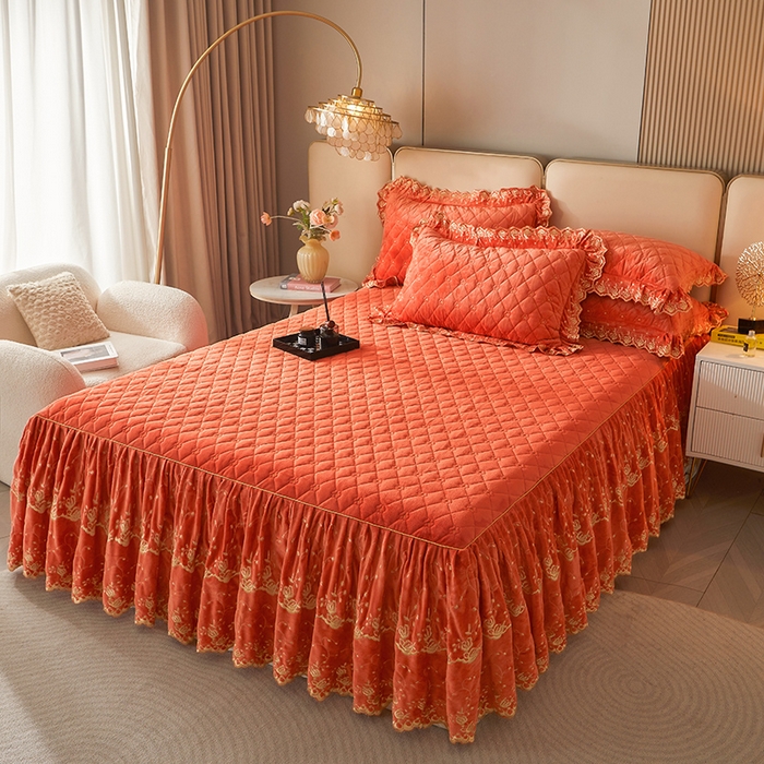 91家纺网 家纺一手货源 找家纺 罗艺轩 2024新款加厚宝宝绒夹棉床裙四件套-梦幻星辰 爱玛橙