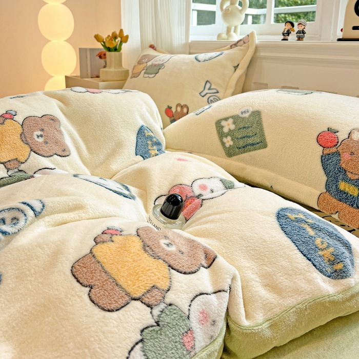 91家纺网 家纺一手货源 找家纺 韩巢家纺 2024新款加厚雪花绒牛奶绒珊瑚绒四件套-新品（提供卖家秀） 快乐心情