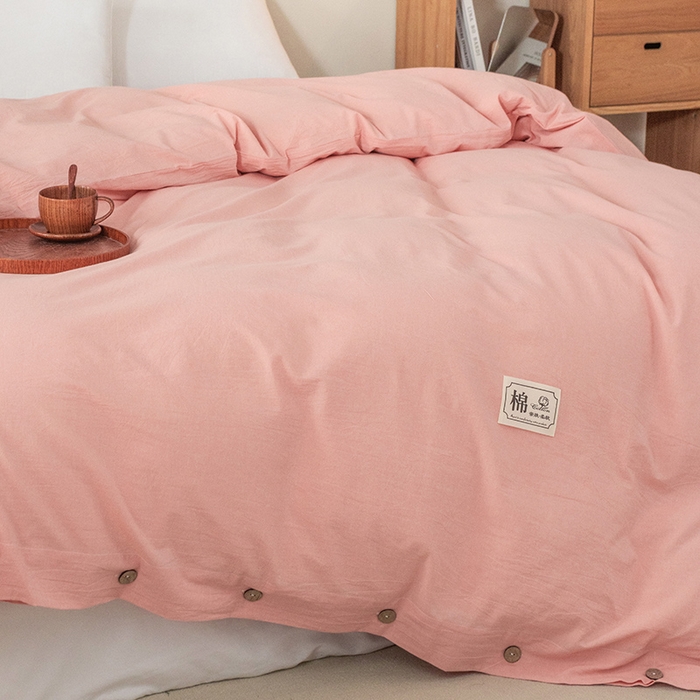 91家纺网 家纺一手货源 找家纺 呦呦南宋 纽扣款单被套A类纯棉  母婴级色织水洗棉 单件纯色被罩 无印风全棉单品被套 粉色