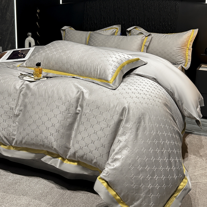 91家纺网 家纺一手货源 找家纺 雲归梦 2024新款轻奢双拼角全棉提花四件套 梵雅-雅士灰