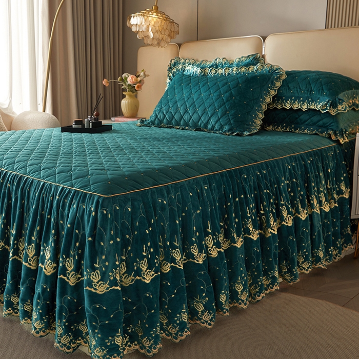 91家纺网 家纺一手货源 找家纺 罗艺轩 2024新款加厚宝宝绒夹棉床裙三件套-梦幻星辰 橄榄绿