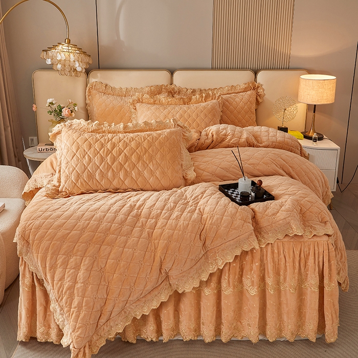 91家纺网 家纺一手货源 找家纺 罗艺轩 2024新款加厚宝宝绒夹棉床裙四件套-梦幻星辰 香槟金