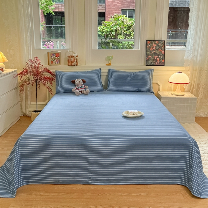 91家纺网 家纺一手货源 找家纺 义博家纺 2025新款全棉老粗布床单 蓝条纹