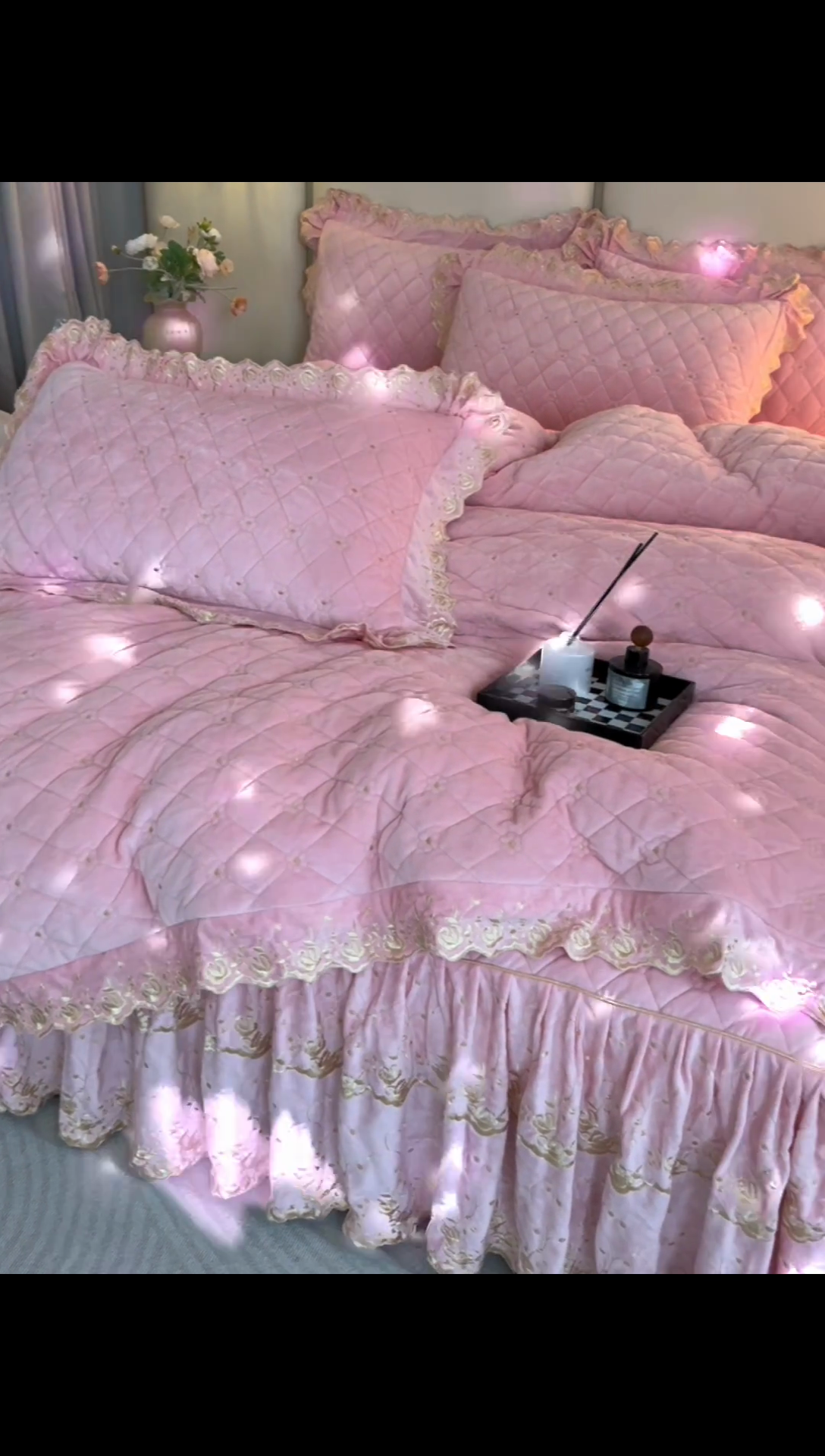 91家纺网 家纺一手货源 找家纺 罗艺轩 2024新款加厚宝宝绒夹棉床裙四件套-梦幻星辰 樱花粉