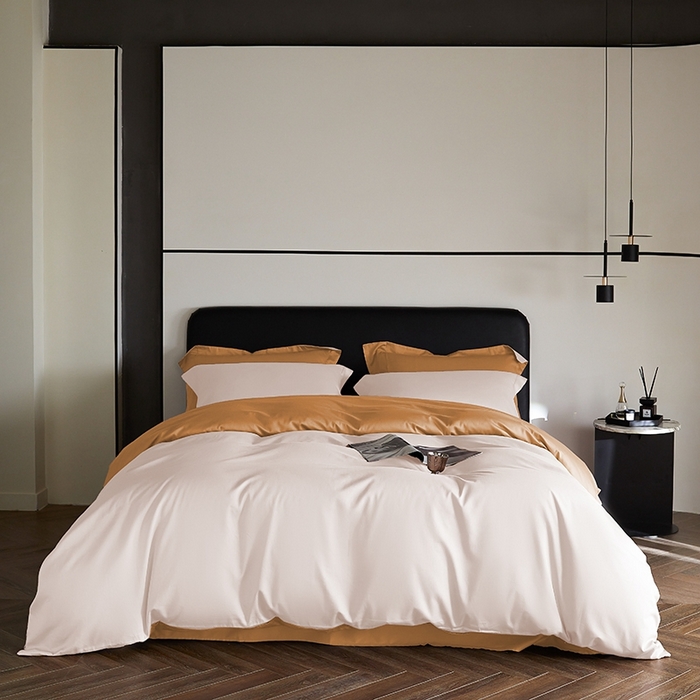 91家纺网 家纺一手货源 找家纺 秀色家纺 2025新款50支贡缎A类轻奢纯色长绒棉四件套全棉纯棉被套高级感床单三件套-雅克 雅克-皓月白+南瓜橘