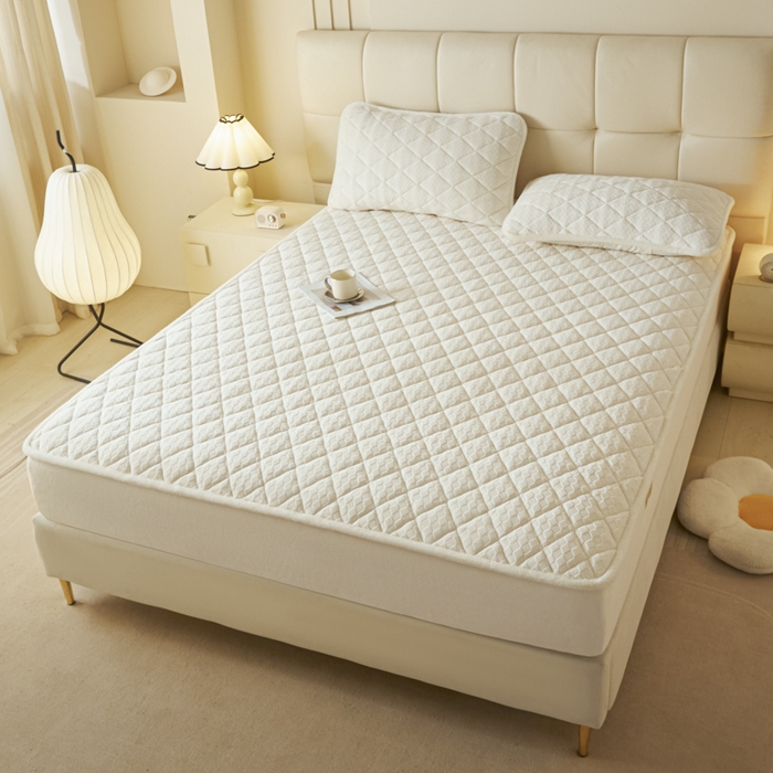 91家纺网 家纺一手货源 找家纺 鑫钰 2024秋冬新款加厚牛奶绒烂花夹棉床笠 菱形格-雅白