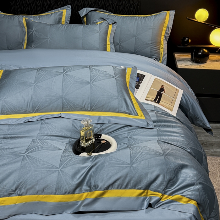 91家纺网 家纺一手货源 找家纺 雲归梦 2024新款轻奢双拼角全棉提花四件套 格拉斯-月光兰