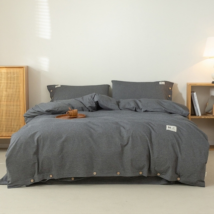 91家纺网 家纺一手货源 找家纺 （总）呦呦南宋 纽扣款四件套A类纯棉水洗棉色织无印风被套床单枕套纯色格子三件套母婴级全棉套件
