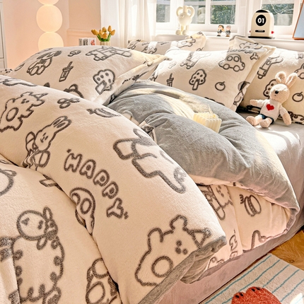 韩巢家纺 2024新款加厚雪花绒牛奶绒珊瑚绒四件套-新品（提供卖家秀） 灰色轨迹