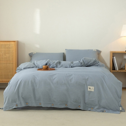 91家纺网 家纺一手货源 找家纺 （总）呦呦南宋 纽扣款四件套A类纯棉水洗棉色织无印风被套床单枕套纯色格子三件套母婴级全棉套件