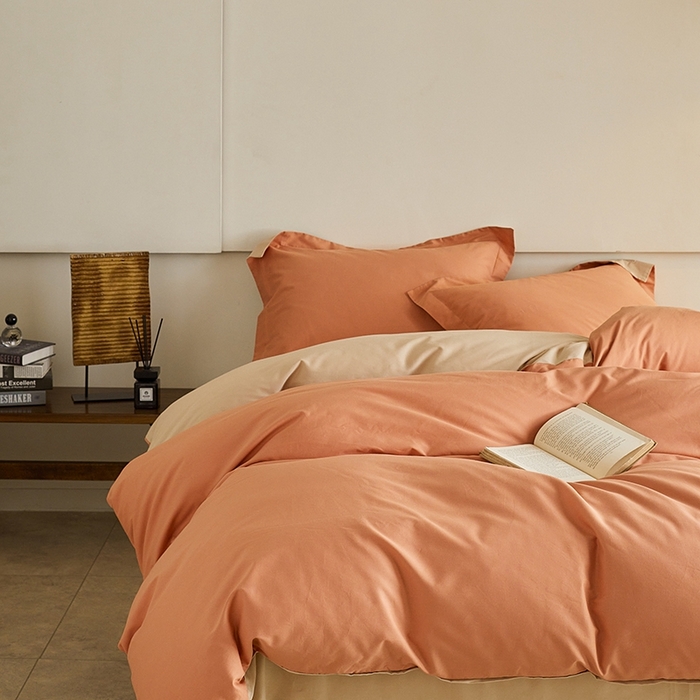 91家纺网 家纺一手货源 找家纺 秀色家纺 2025新款秋冬加厚保暖床上纯色四件套纯棉磨毛全棉床单被套三件套50支-瑞妮 瑞妮-桔红+奶油