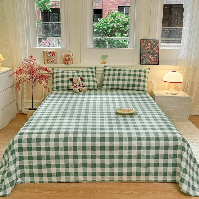 91家纺网 家纺一手货源 找家纺 义博家纺 2025新款全棉老粗布床单 绿大格