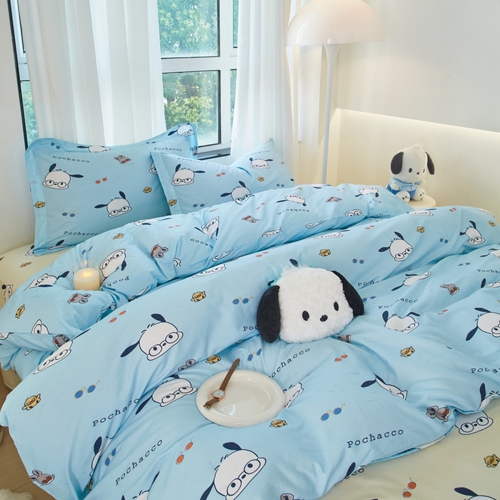 91家纺网 家纺一手货源 找家纺 蘭菲家纺 2024新款全棉小版卡通三丽鸥四件套 眼睛狗.蓝