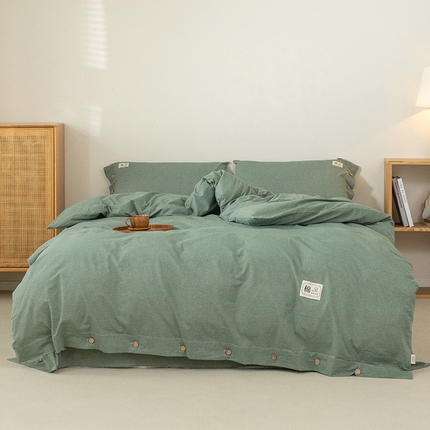 91家纺网 家纺一手货源 找家纺 （总）呦呦南宋 纽扣款四件套A类纯棉水洗棉色织无印风被套床单枕套纯色格子三件套母婴级全棉套件