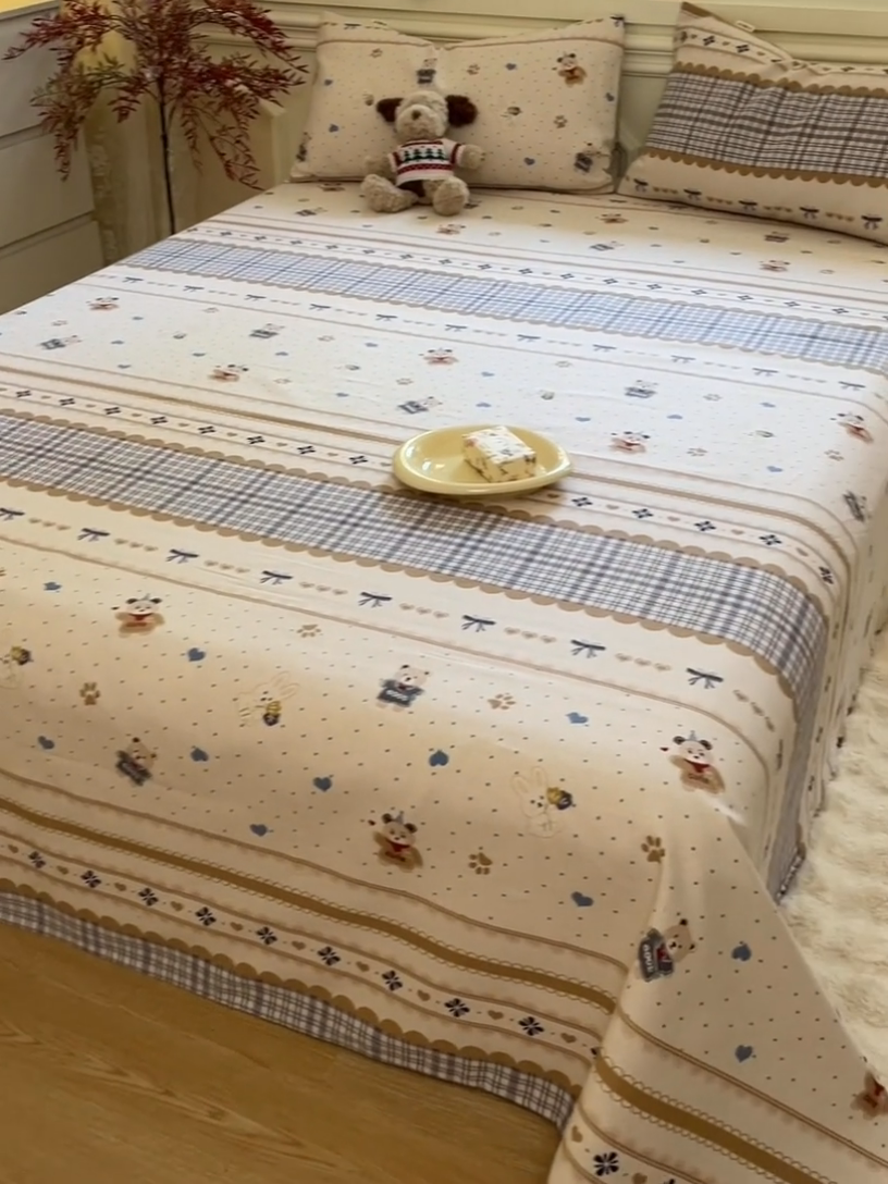 91家纺网 家纺一手货源 找家纺 义博家纺 2025新款全棉老粗布床单 幻想小熊