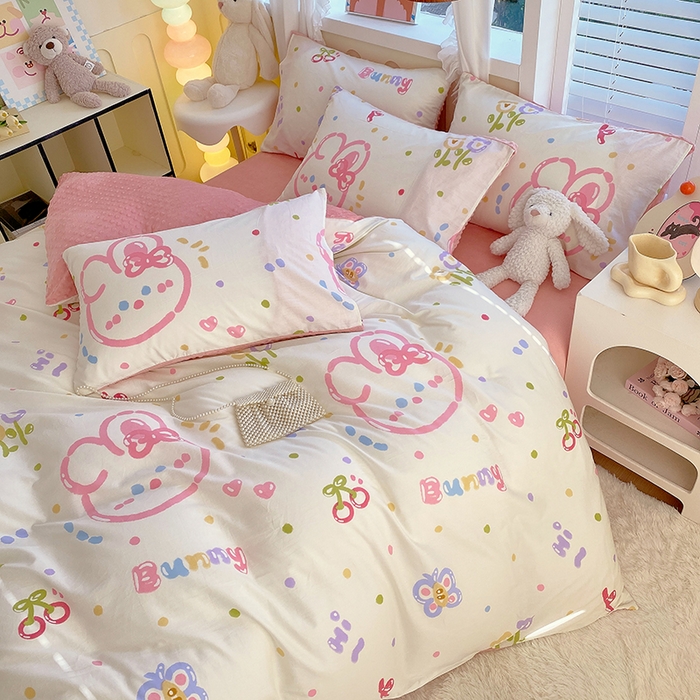 91家纺网 家纺一手货源 找家纺 金鑫汇家纺 2024新款棉加豆豆绒系列四件套 奇趣小兔