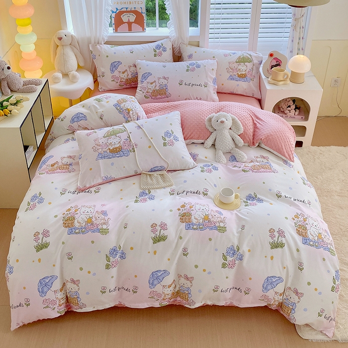 91家纺网 家纺一手货源 找家纺 金鑫汇家纺 2024新款棉加豆豆绒系列四件套 喵喵日记