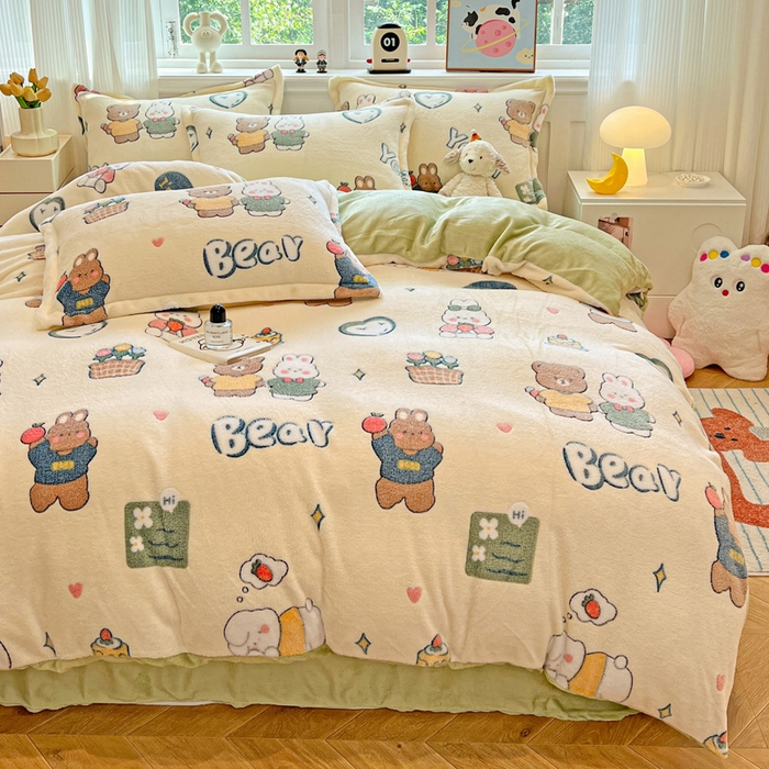 91家纺网 家纺一手货源 找家纺 韩巢家纺 2024新款加厚雪花绒牛奶绒珊瑚绒四件套-新品（提供卖家秀） 快乐心情