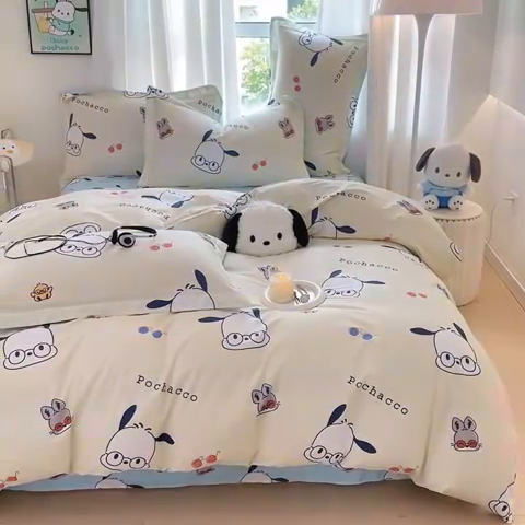 91家纺网 家纺一手货源 找家纺 蘭菲家纺 2024新款全棉小版卡通三丽鸥四件套 大眼睛狗.米