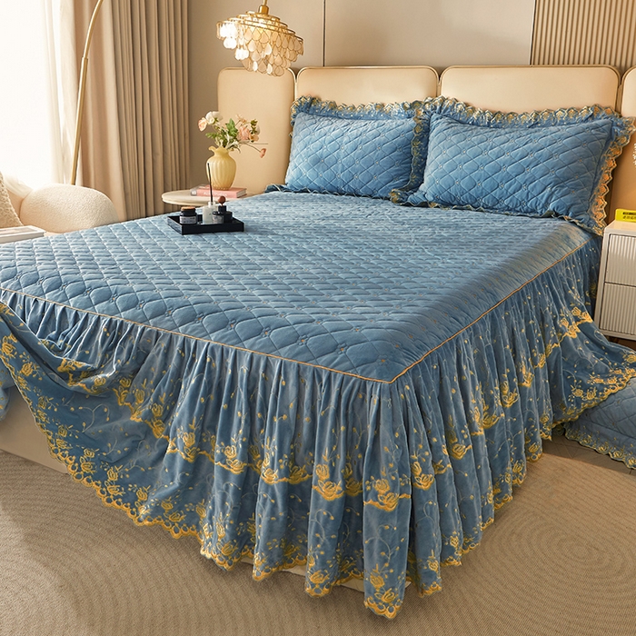 91家纺网 家纺一手货源 找家纺 罗艺轩 2024新款加厚宝宝绒夹棉床裙四件套-梦幻星辰 绅士蓝